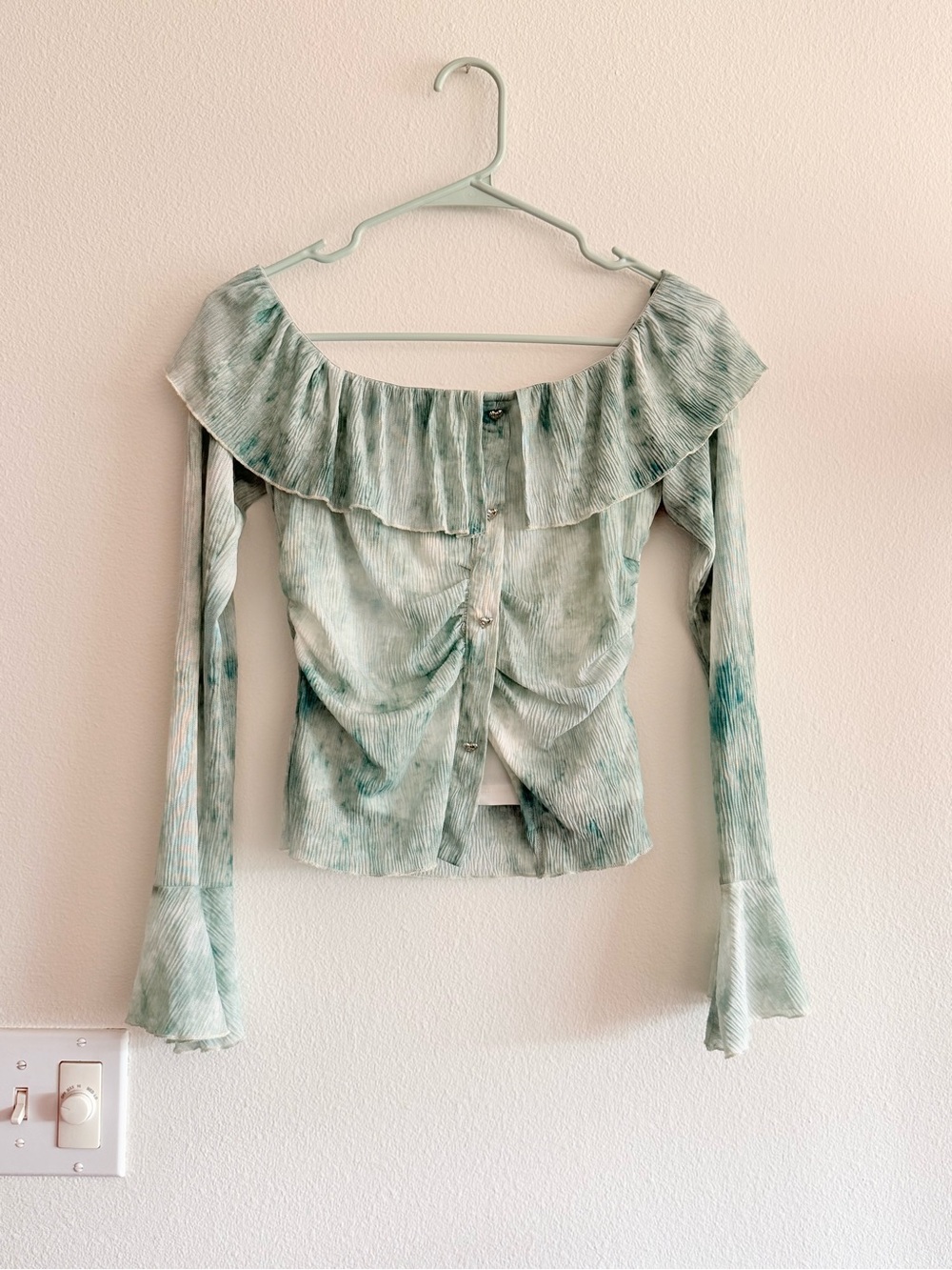 Off-Shoulder Ruffled Button-Front Top in Light Sage Green